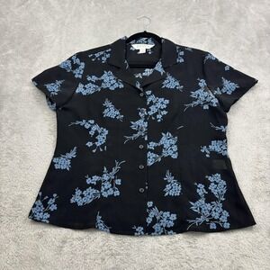 VTG Casual Corner Annex Sheer 90s Y2K Button Up Shirt Womens L Black Blue Floral